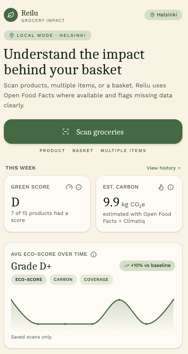 Reilu home dashboard showing green score, estimated carbon, and trend chart