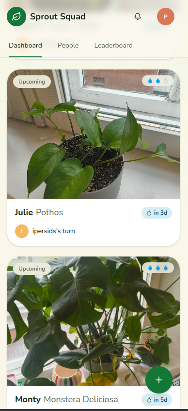 Sprout Squad mobile dashboard showing plant cards with watering schedules and rotation turns